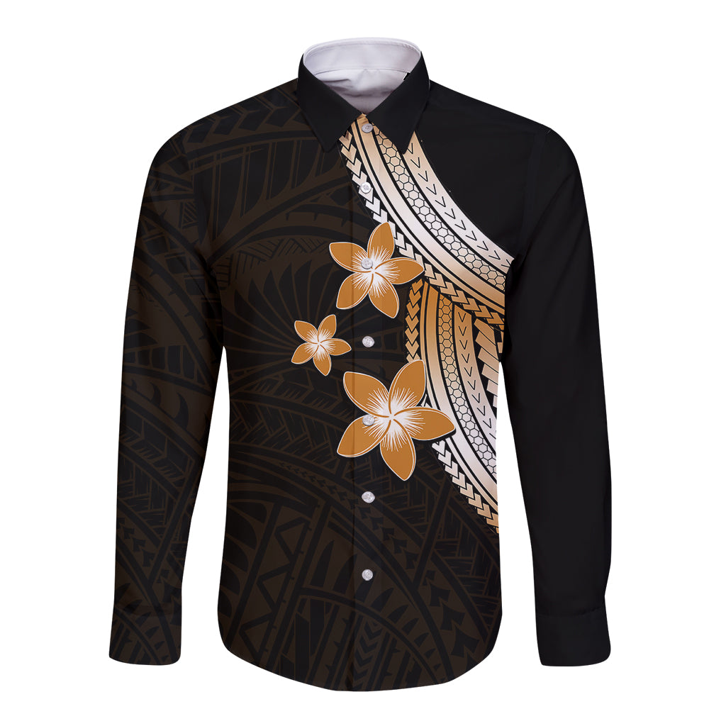 Polynesian Long Sleeve Button Shirt With Plumeria Flower Gold LT6 - Wonder Print Shop