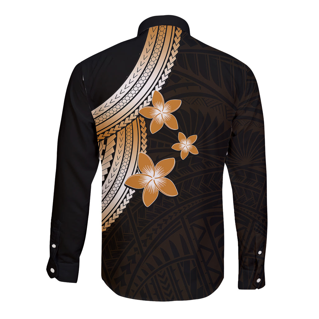 Polynesian Long Sleeve Button Shirt With Plumeria Flower Gold LT6 - Wonder Print Shop
