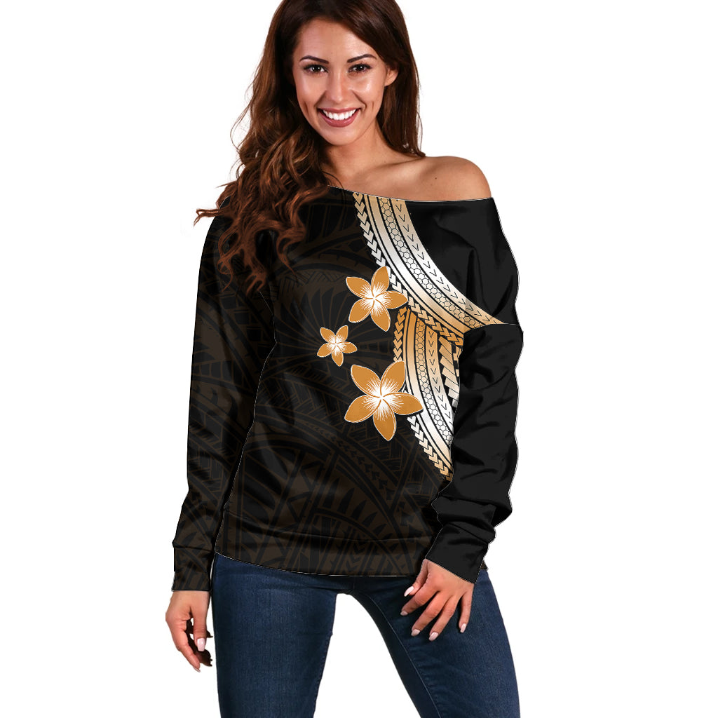 Polynesian Off Shoulder Sweater With Plumeria Flower Gold LT6 - Wonder Print Shop