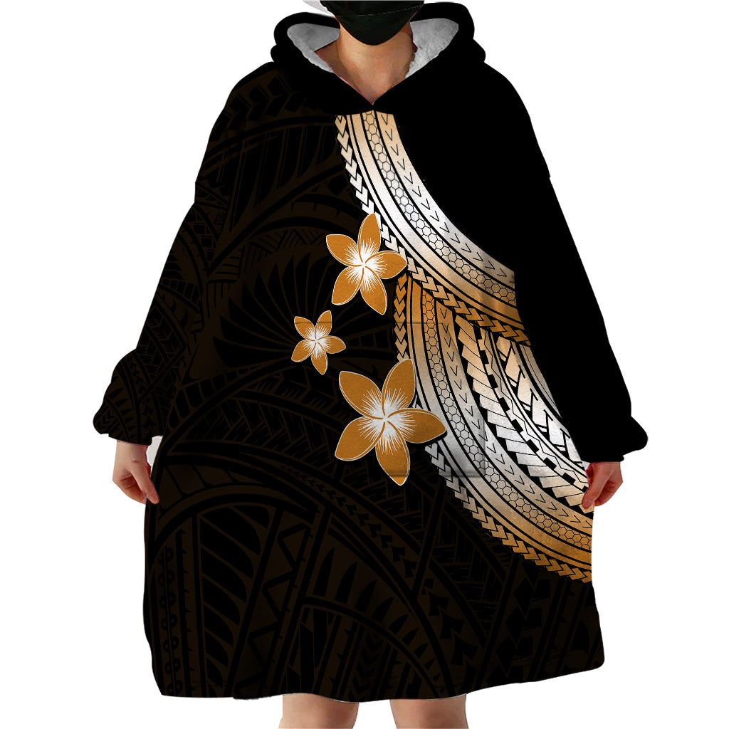 Polynesian Wearable Blanket Hoodie With Plumeria Flower Gold LT6 - Wonder Print Shop