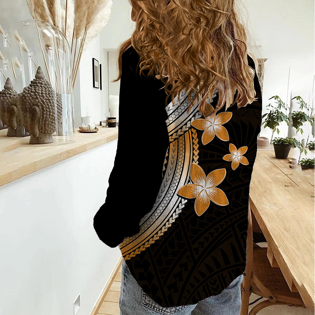 Polynesian Women Casual Shirt With Plumeria Flower Gold LT6 - Wonder Print Shop