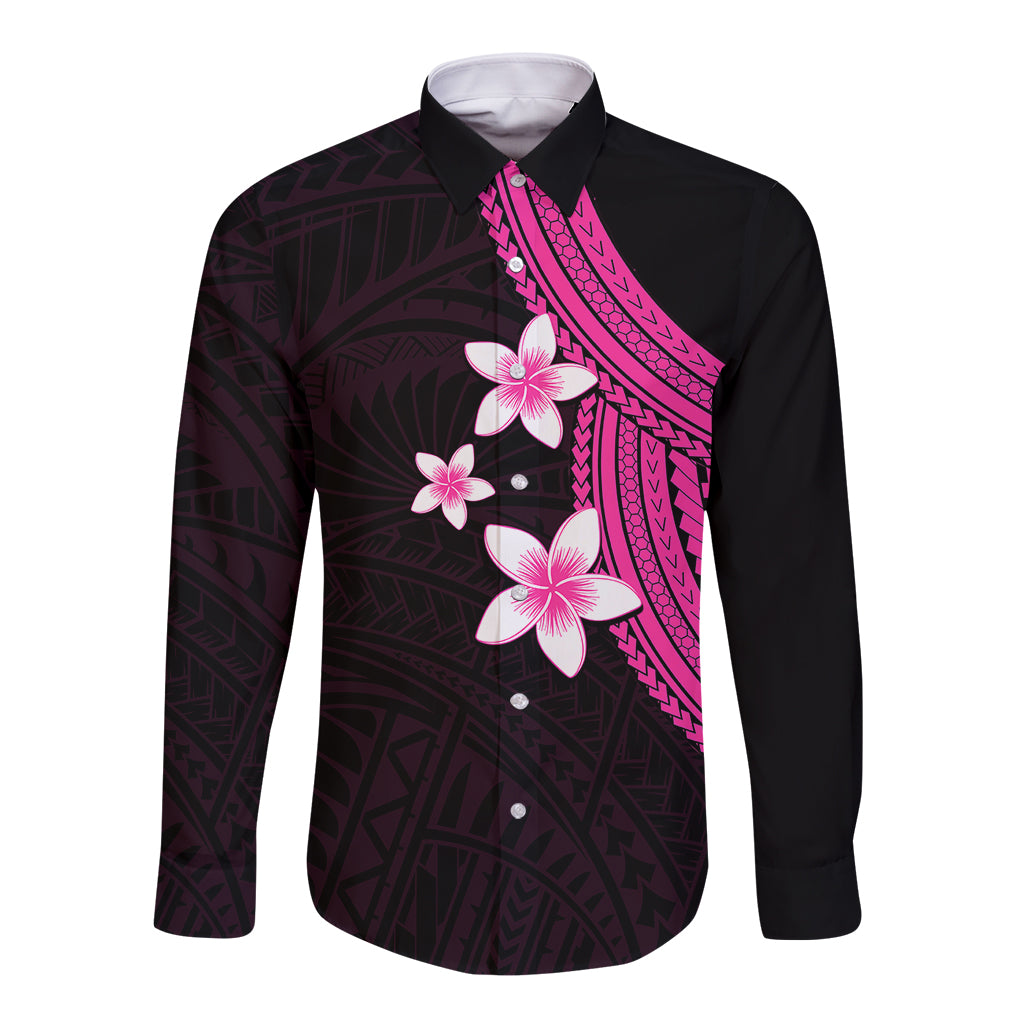 Polynesian Long Sleeve Button Shirt With Plumeria Flower Pink LT6 - Wonder Print Shop