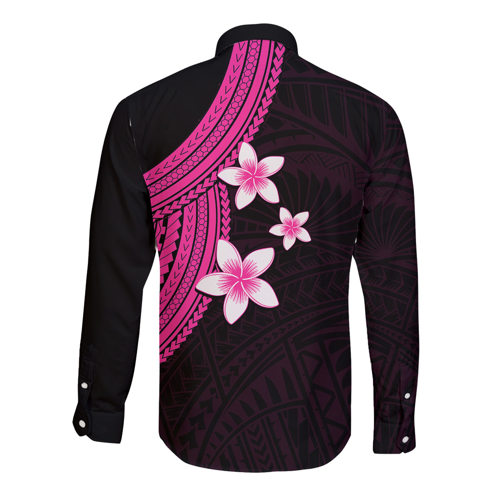 Polynesian Long Sleeve Button Shirt With Plumeria Flower Pink LT6 - Wonder Print Shop