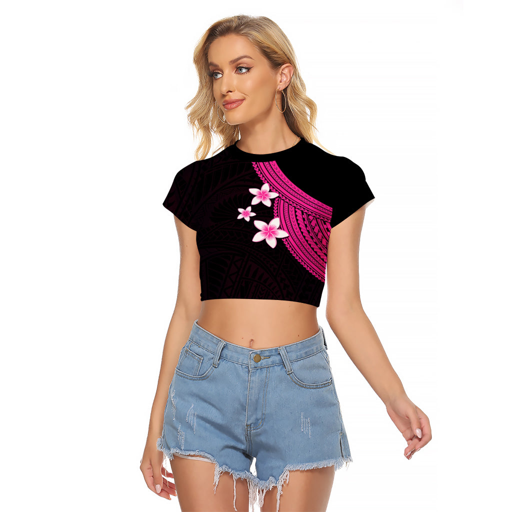Polynesian Raglan Cropped T Shirt With Plumeria Flower Pink LT6 - Wonder Print Shop