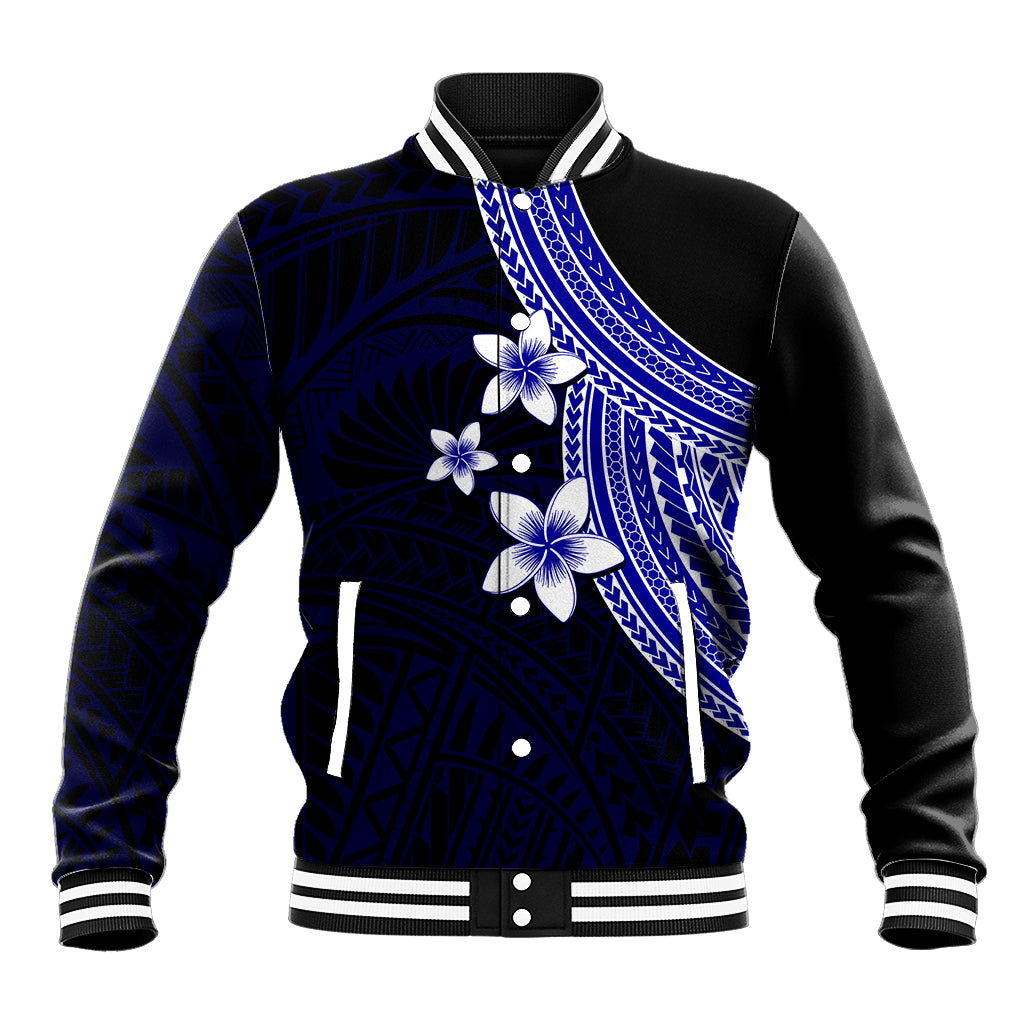 Polynesian Baseball Jacket With Plumeria Flower Blue LT6 - Wonder Print Shop