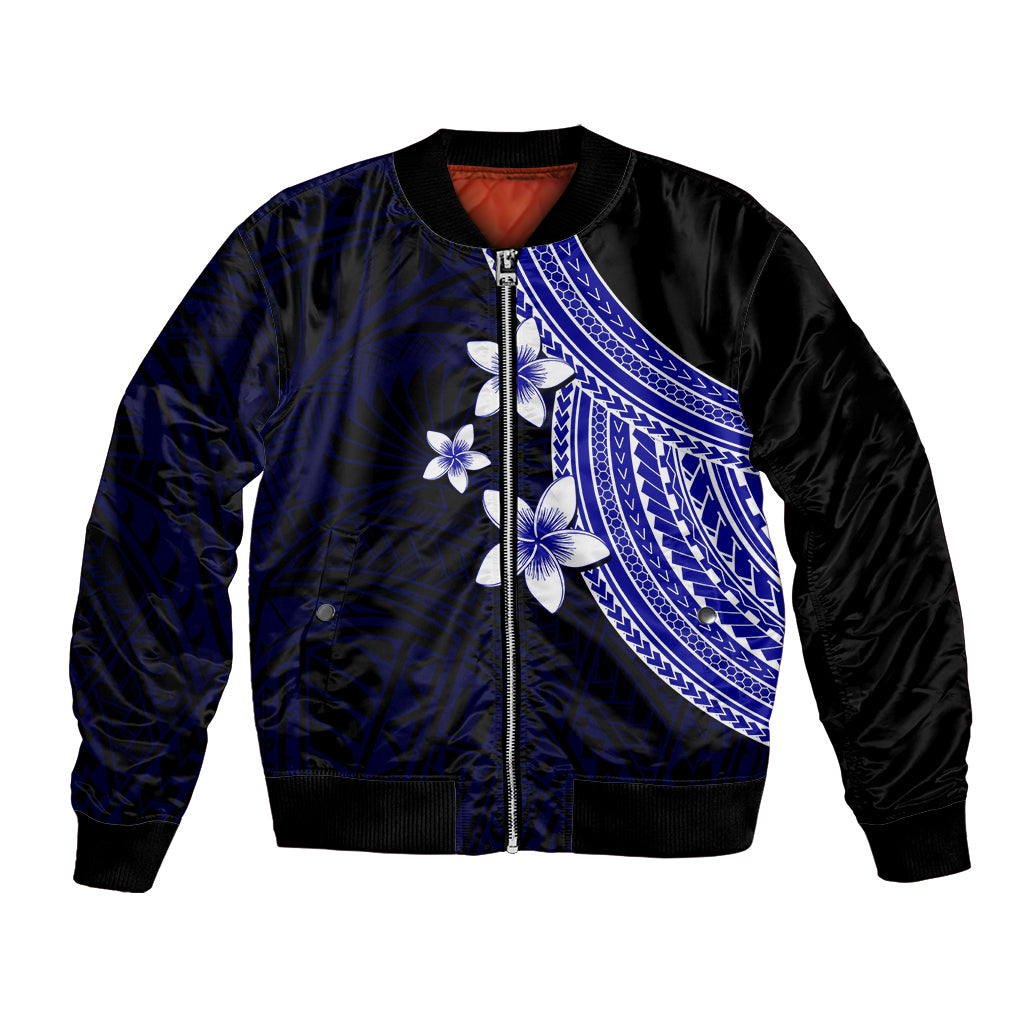 Polynesian Bomber Jacket With Plumeria Flower Blue LT6 - Wonder Print Shop