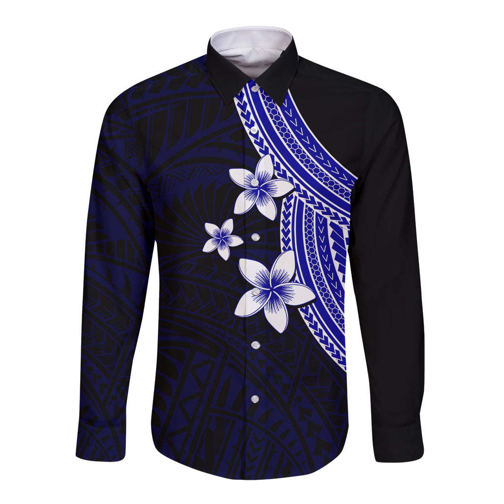 Polynesian Long Sleeve Button Shirt With Plumeria Flower Blue LT6 - Wonder Print Shop