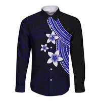 Polynesian Long Sleeve Button Shirt With Plumeria Flower Blue LT6 - Wonder Print Shop