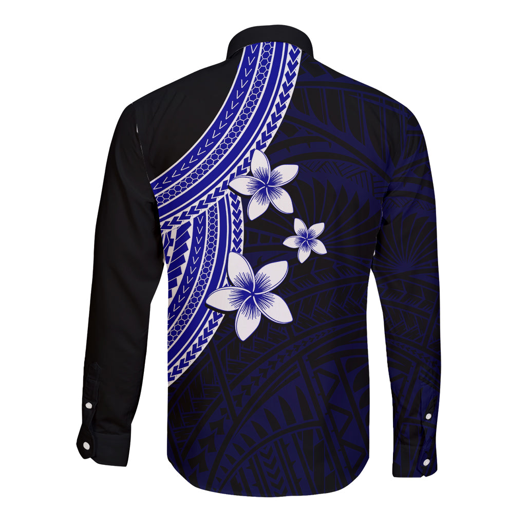 Polynesian Long Sleeve Button Shirt With Plumeria Flower Blue LT6 - Wonder Print Shop