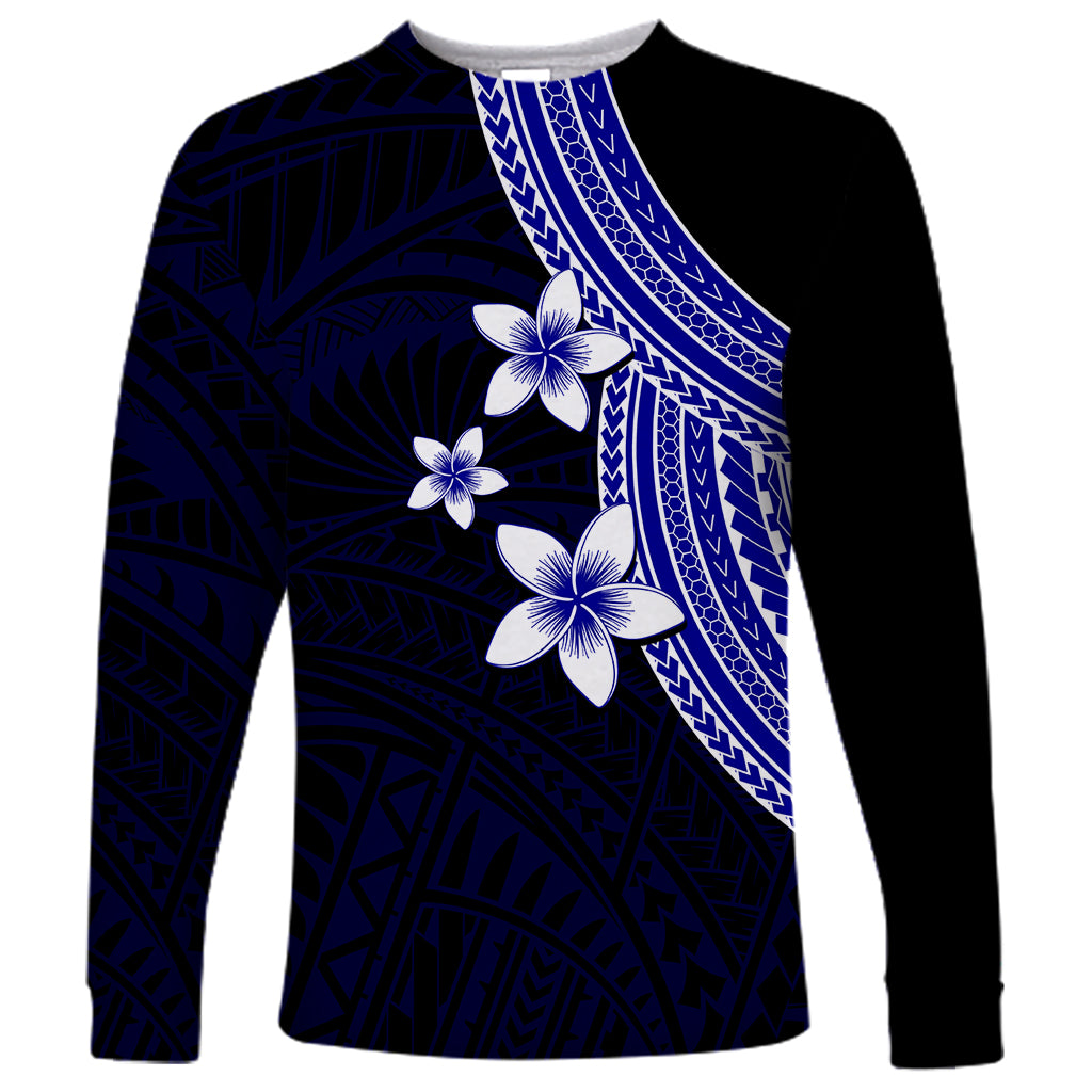Polynesian Long Sleeve Shirt With Plumeria Flower Blue LT6 - Wonder Print Shop