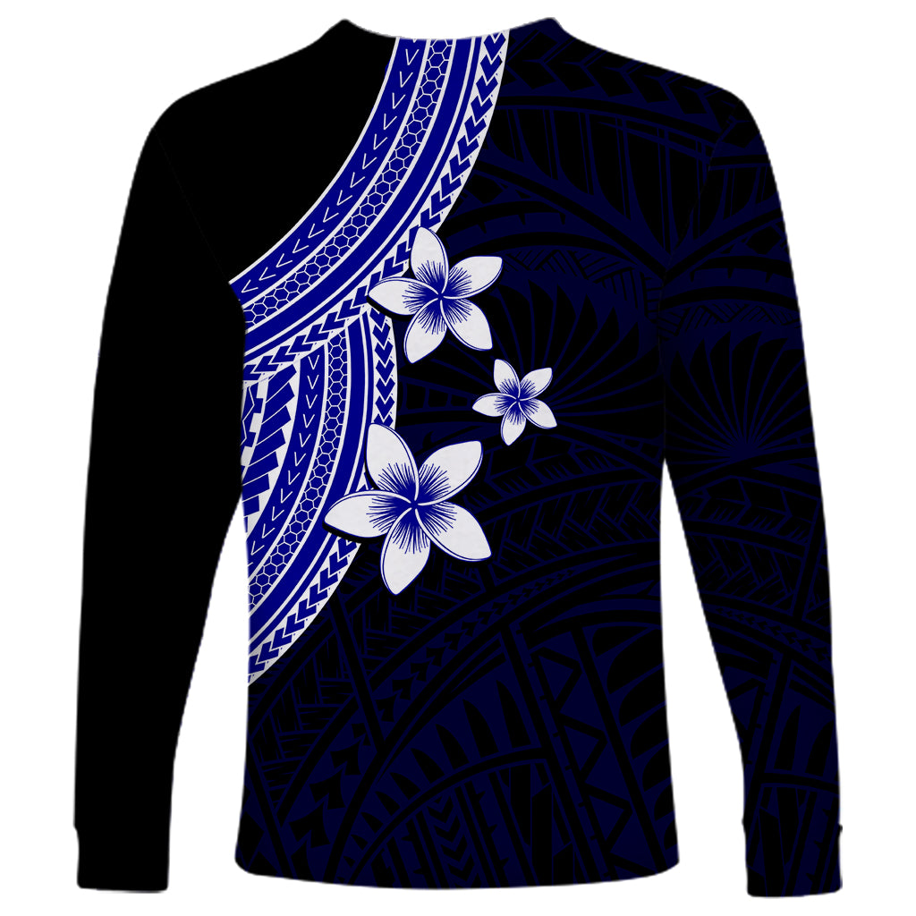 Polynesian Long Sleeve Shirt With Plumeria Flower Blue LT6 - Wonder Print Shop