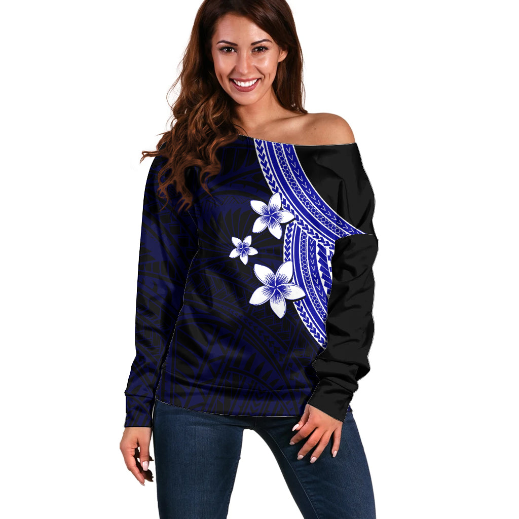 Polynesian Off Shoulder Sweater With Plumeria Flower Blue LT6 - Wonder Print Shop