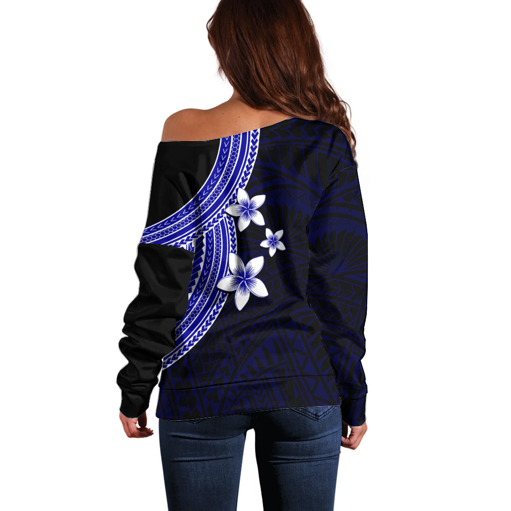 Polynesian Off Shoulder Sweater With Plumeria Flower Blue LT6 - Wonder Print Shop