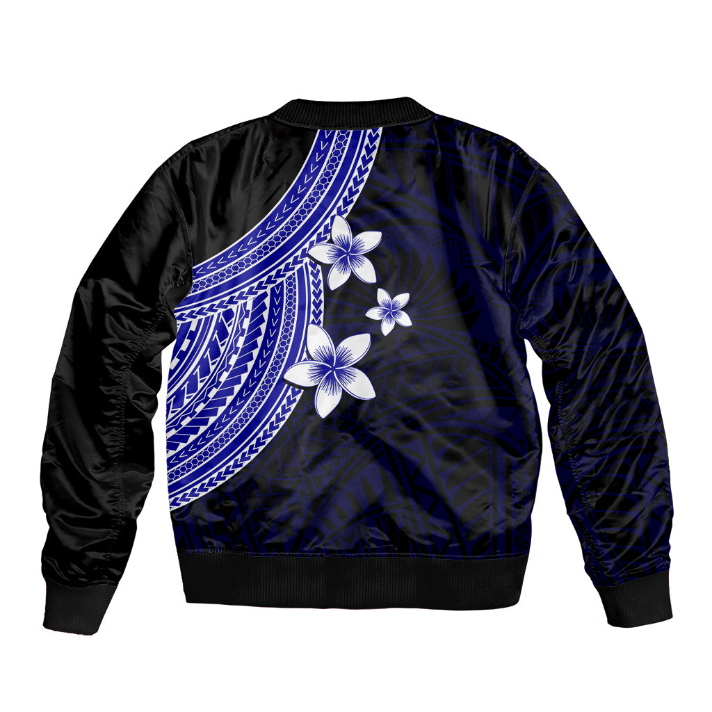 Polynesian Sleeve Zip Bomber Jacket With Plumeria Flower Blue LT6 - Wonder Print Shop