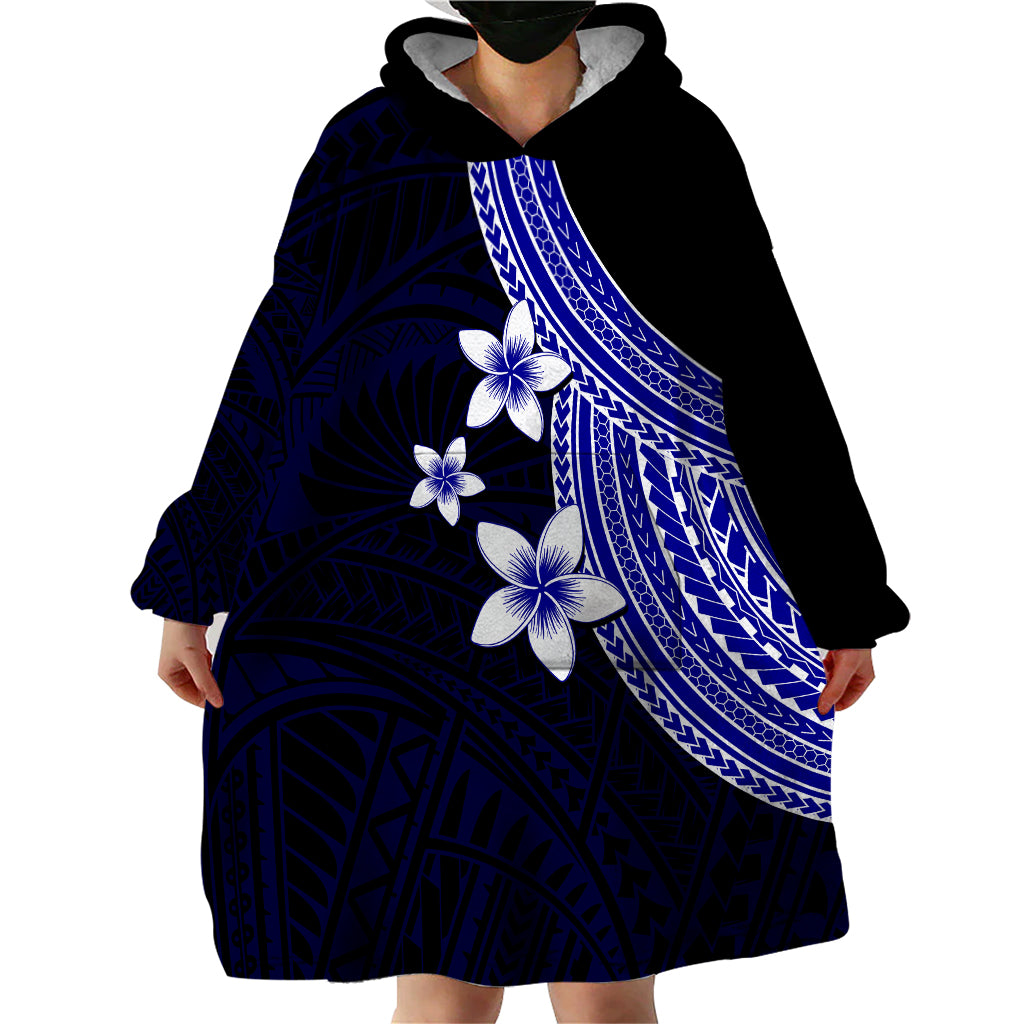 Polynesian Wearable Blanket Hoodie With Plumeria Flower Blue LT6 - Wonder Print Shop