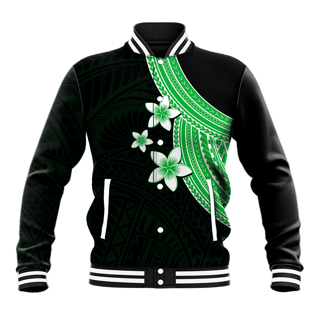 Polynesian Baseball Jacket With Plumeria Flower Green LT6 - Wonder Print Shop