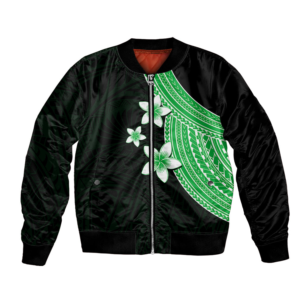 Polynesian Bomber Jacket With Plumeria Flower Green LT6 - Wonder Print Shop