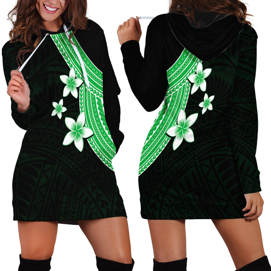 Polynesian Hoodie Dress With Plumeria Flower Green LT6 - Wonder Print Shop