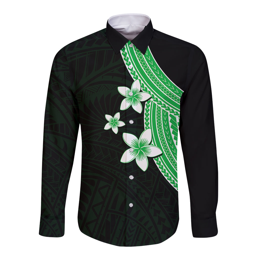 Polynesian Long Sleeve Button Shirt With Plumeria Flower Green LT6 - Wonder Print Shop