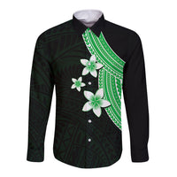 Polynesian Long Sleeve Button Shirt With Plumeria Flower Green LT6 - Wonder Print Shop