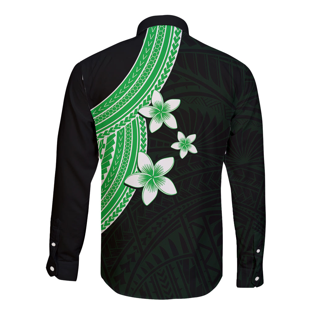 Polynesian Long Sleeve Button Shirt With Plumeria Flower Green LT6 - Wonder Print Shop
