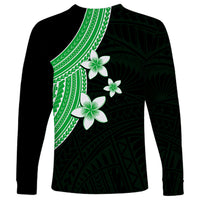 Polynesian Long Sleeve Shirt With Plumeria Flower Green LT6 - Wonder Print Shop