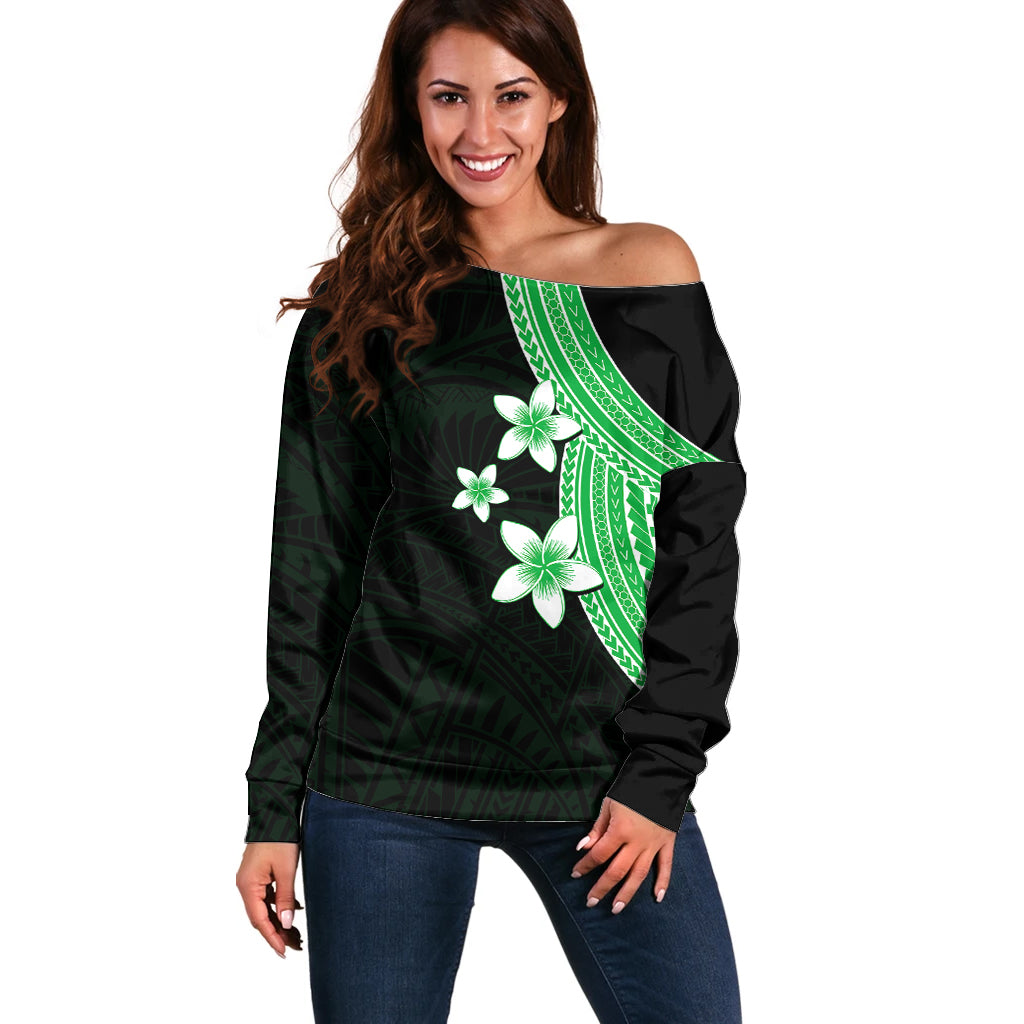 Polynesian Off Shoulder Sweater With Plumeria Flower Green LT6 - Wonder Print Shop