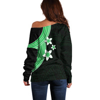 Polynesian Off Shoulder Sweater With Plumeria Flower Green LT6 - Wonder Print Shop