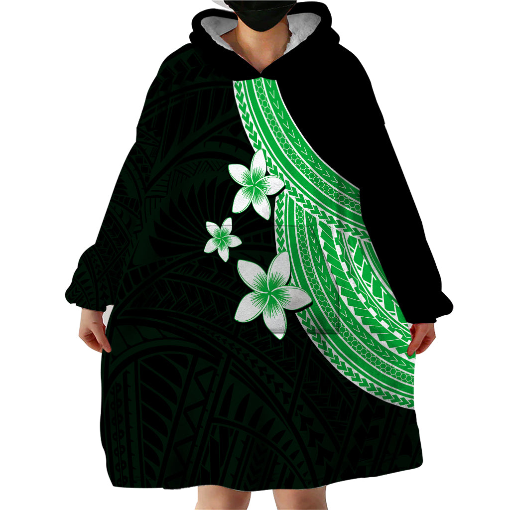 Polynesian Wearable Blanket Hoodie With Plumeria Flower Green LT6 - Wonder Print Shop