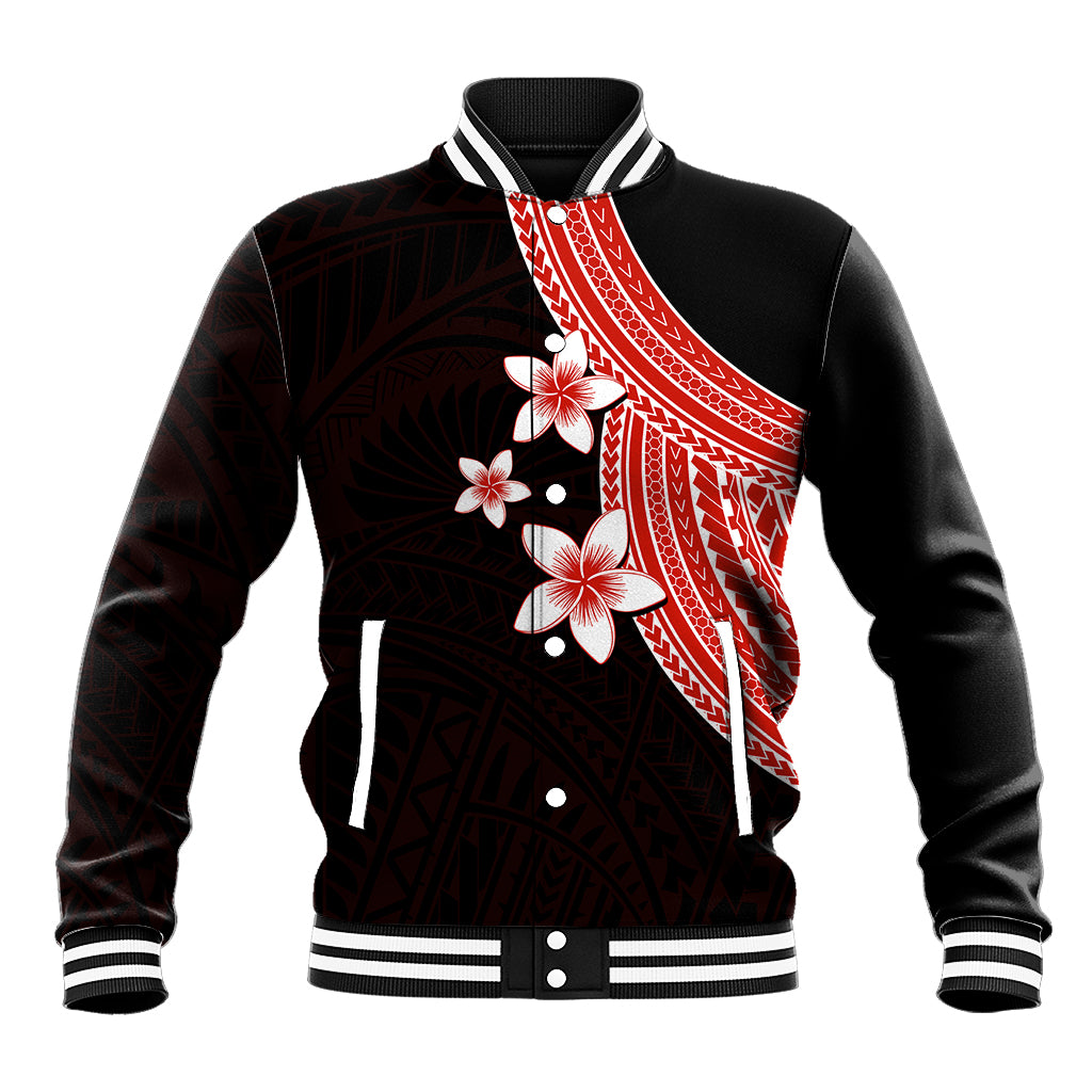 Polynesian Baseball Jacket With Plumeria Flower Red LT6 - Wonder Print Shop