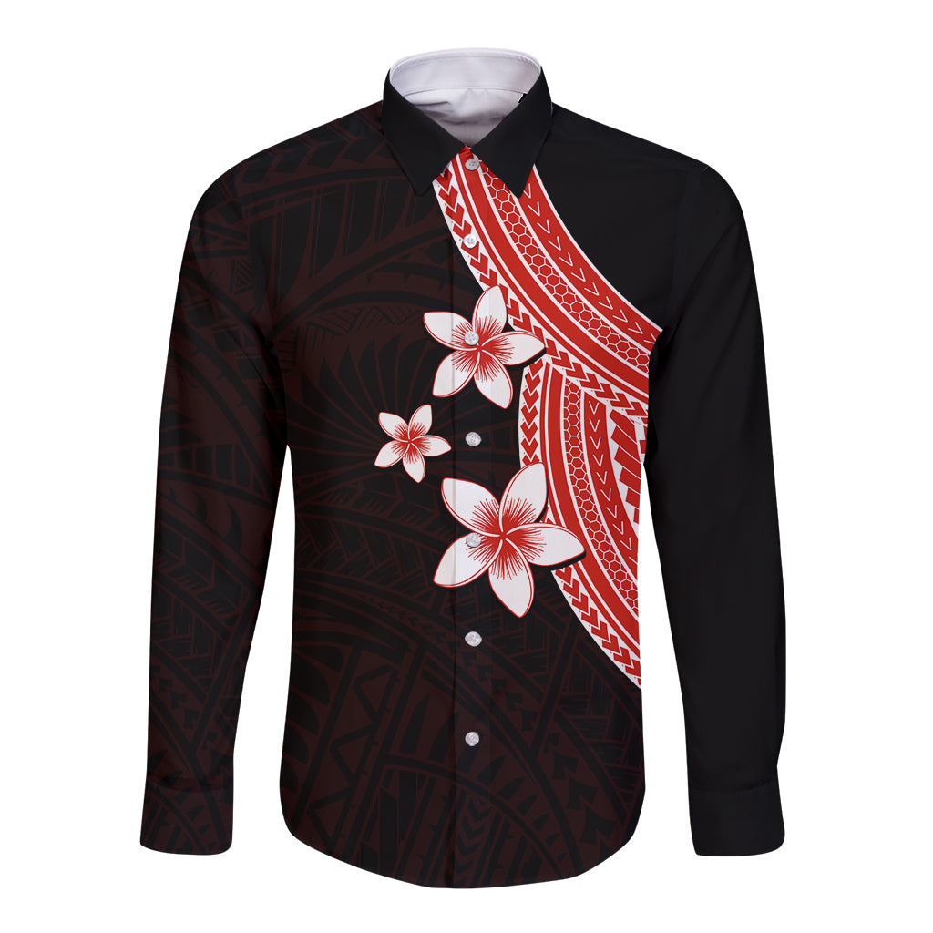 Polynesian Long Sleeve Button Shirt With Plumeria Flower Red LT6 - Wonder Print Shop
