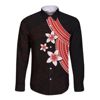 Polynesian Long Sleeve Button Shirt With Plumeria Flower Red LT6 - Wonder Print Shop