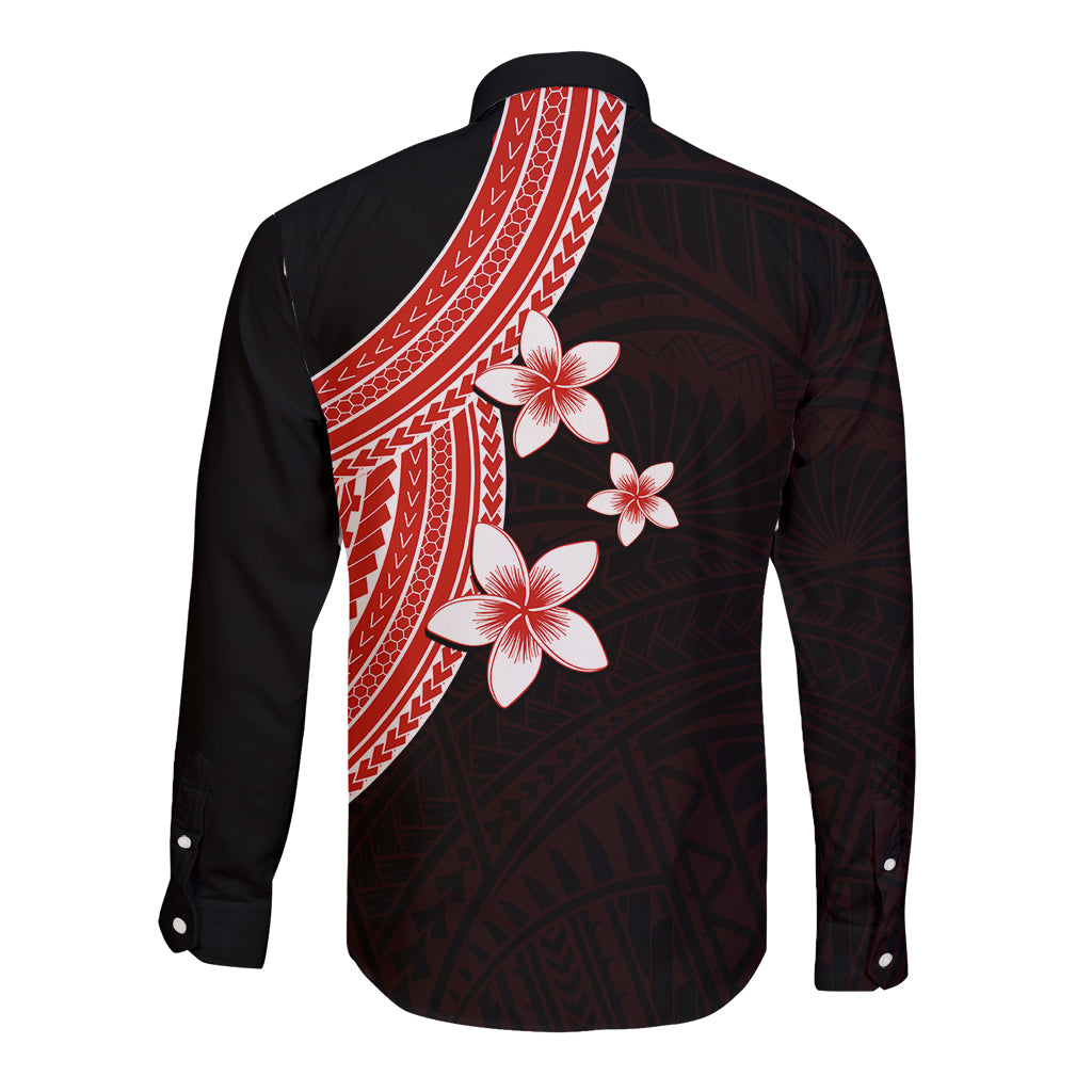 Polynesian Long Sleeve Button Shirt With Plumeria Flower Red LT6 - Wonder Print Shop