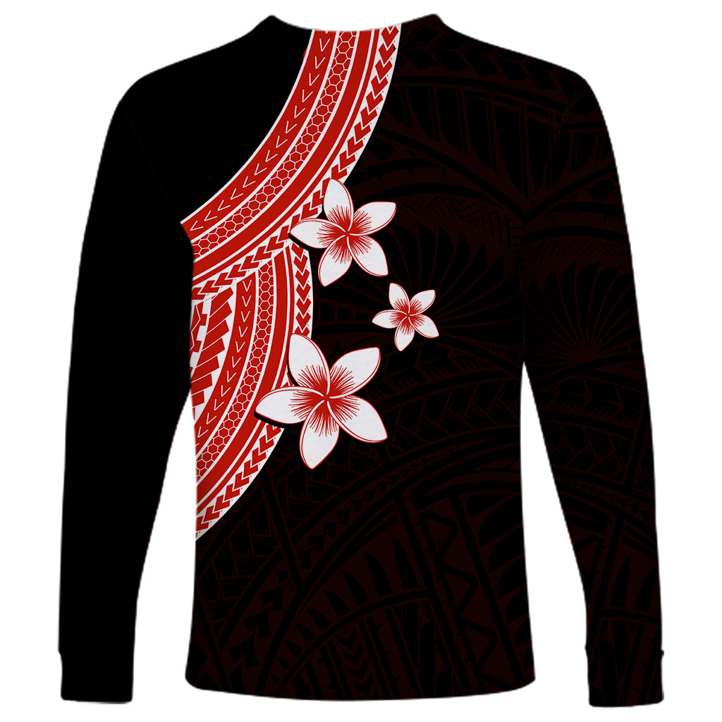 Polynesian Long Sleeve Shirt With Plumeria Flower Red LT6 - Wonder Print Shop