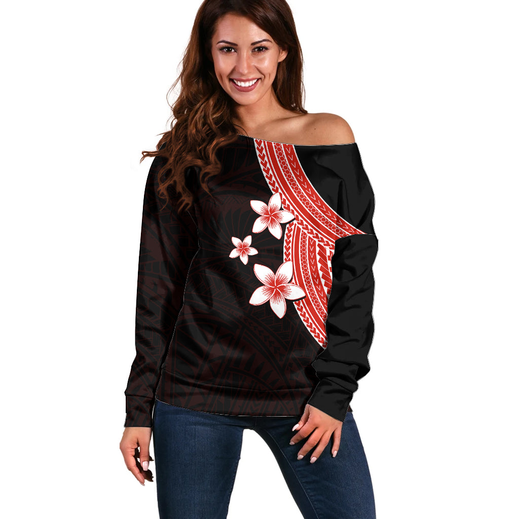 Polynesian Off Shoulder Sweater With Plumeria Flower Red LT6 - Wonder Print Shop