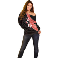 Polynesian Off Shoulder Sweater With Plumeria Flower Red LT6 - Wonder Print Shop