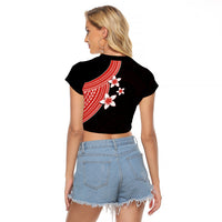 Polynesian Raglan Cropped T Shirt With Plumeria Flower Red LT6 - Wonder Print Shop