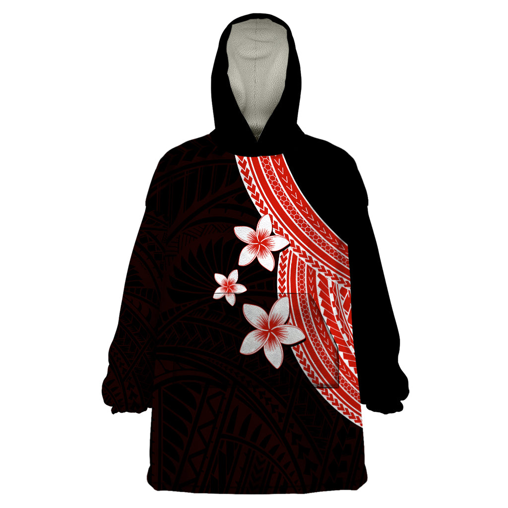 Polynesian Wearable Blanket Hoodie With Plumeria Flower Red LT6 - Wonder Print Shop