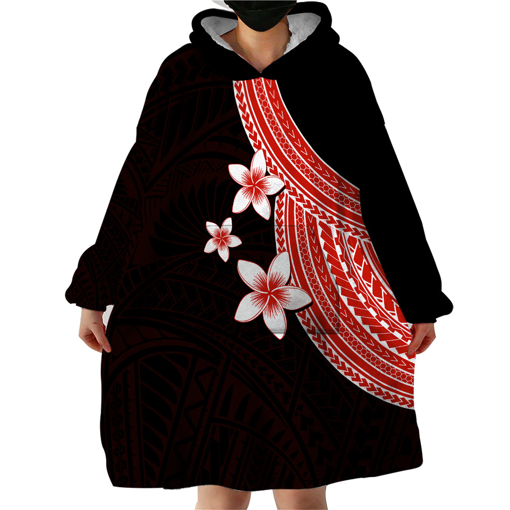 Polynesian Wearable Blanket Hoodie With Plumeria Flower Red LT6 - Wonder Print Shop