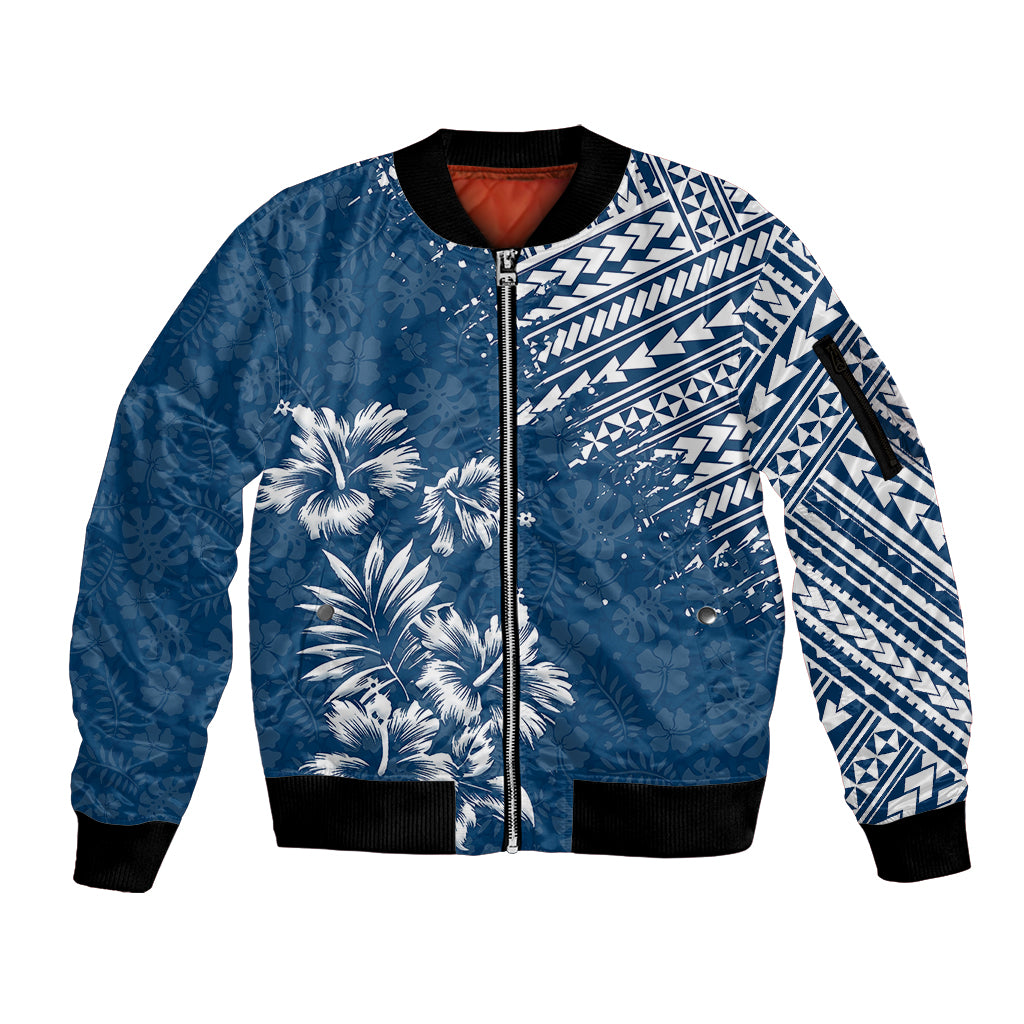 Hawaii Summer Sleeve Zip Bomber Jacket Mix Polynesian Dark Blue LT6 - Wonder Print Shop
