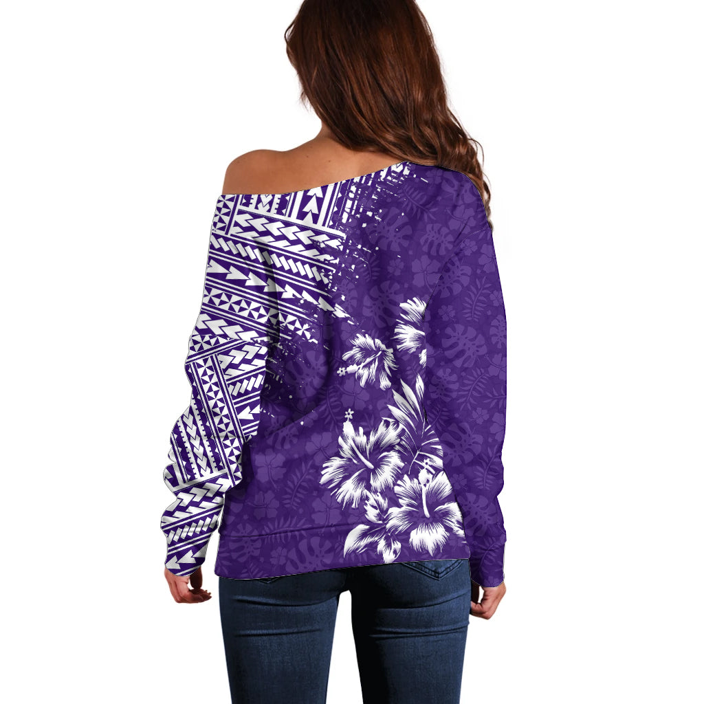 Hawaii Summer Off Shoulder Sweater Mix Polynesian Purple LT6 - Wonder Print Shop