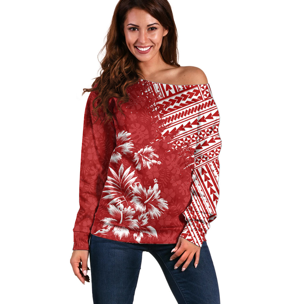 Hawaii Summer Off Shoulder Sweater Mix Polynesian Red LT6 - Wonder Print Shop