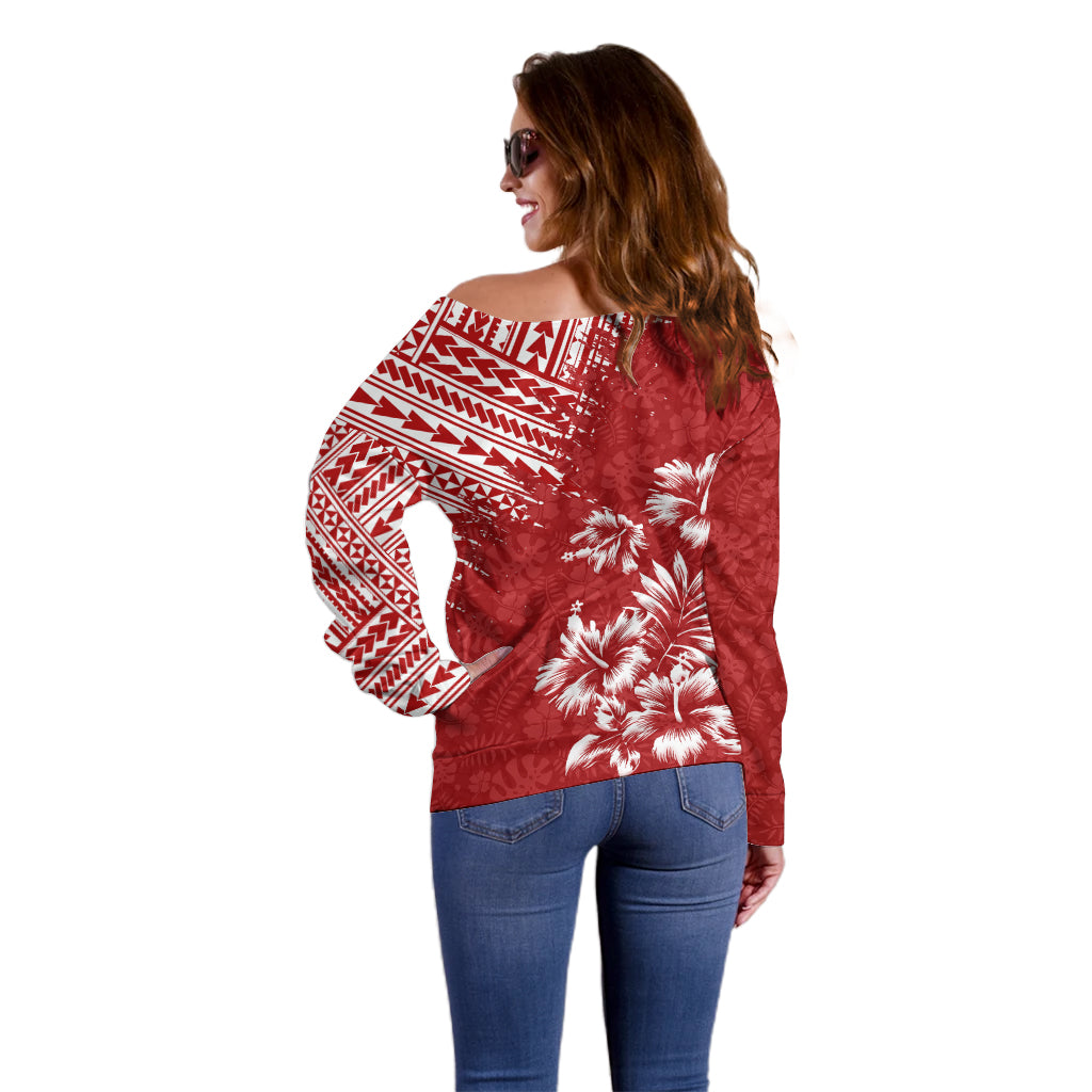 Hawaii Summer Off Shoulder Sweater Mix Polynesian Red LT6 - Wonder Print Shop