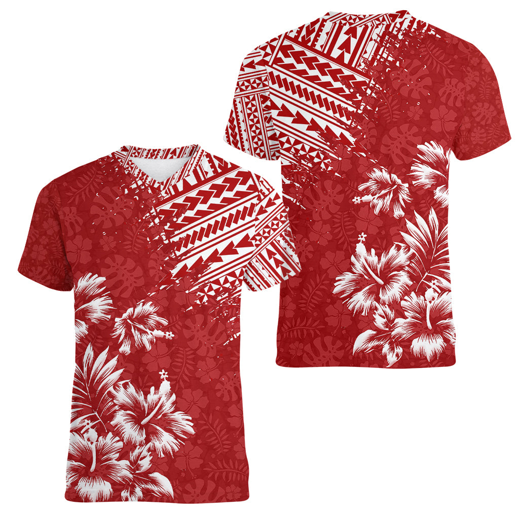 Hawaii Summer Women V Neck T Shirt Mix Polynesian Red LT6 - Wonder Print Shop