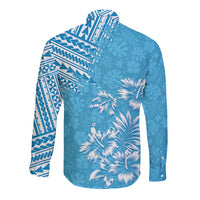 Hawaii Summer Long Sleeve Button Shirt Mix Polynesian Light Blue LT6 - Wonder Print Shop