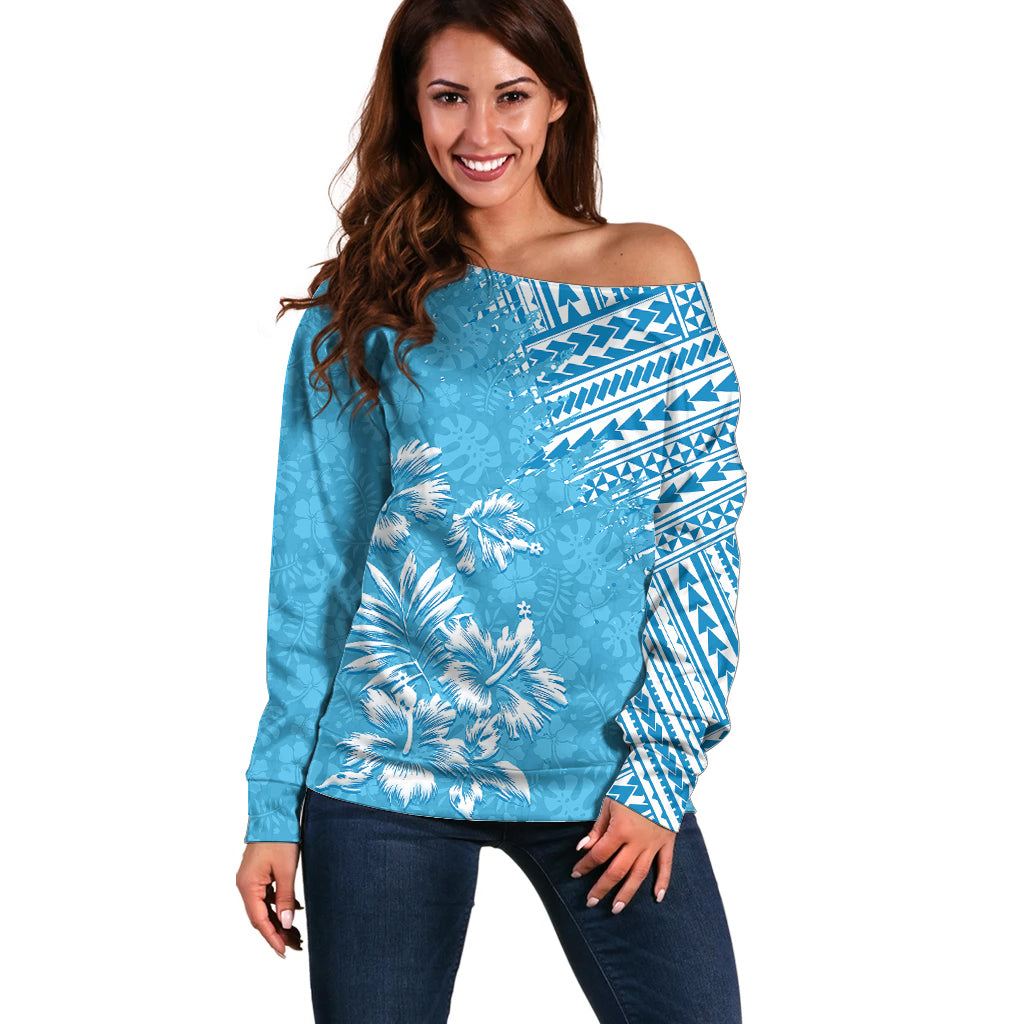 Hawaii Summer Off Shoulder Sweater Mix Polynesian Light Blue LT6 - Wonder Print Shop