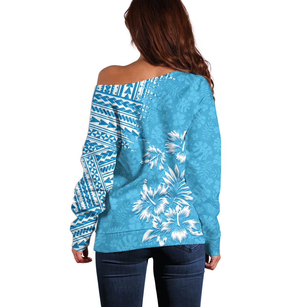 Hawaii Summer Off Shoulder Sweater Mix Polynesian Light Blue LT6 - Wonder Print Shop