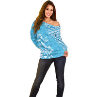 Hawaii Summer Off Shoulder Sweater Mix Polynesian Light Blue LT6 - Wonder Print Shop