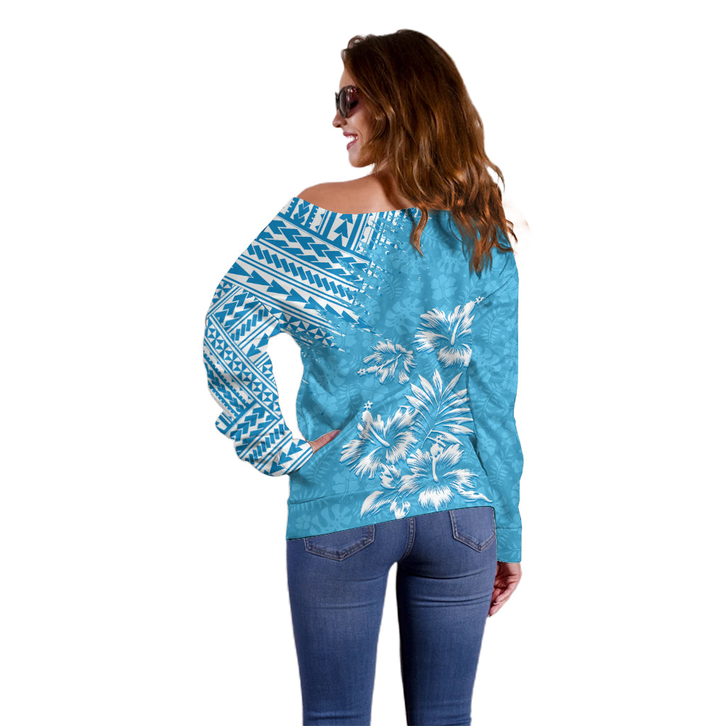 Hawaii Summer Off Shoulder Sweater Mix Polynesian Light Blue LT6 - Wonder Print Shop