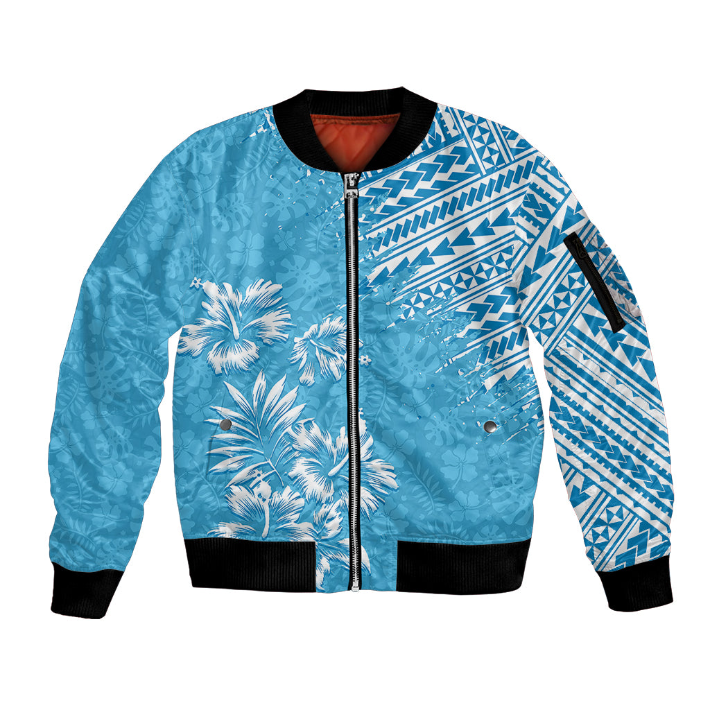 Hawaii Summer Sleeve Zip Bomber Jacket Mix Polynesian Light Blue LT6 - Wonder Print Shop